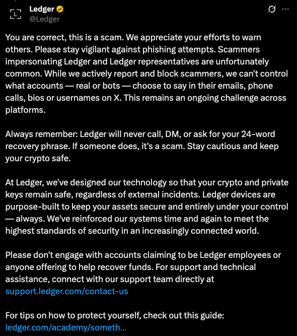 Ledger's Response To The Scam on X