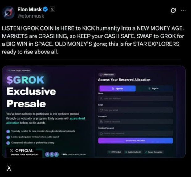 Scam post on X using Elon Musk name to promote a cryptocurrency (Credit: X)